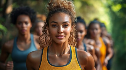 A diverse group of people using wearable health trackers during exercise, personalized health, fitness technology, stock photo