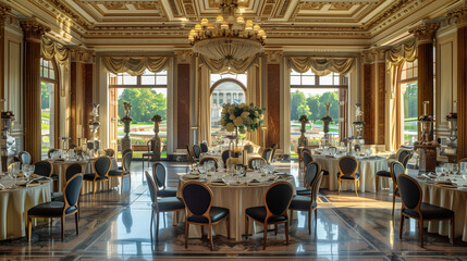 Fototapeta premium Luxury restaurant interior design featuring dining tables and chairs in a well-lit, elegant room with large windows and stylish architecture