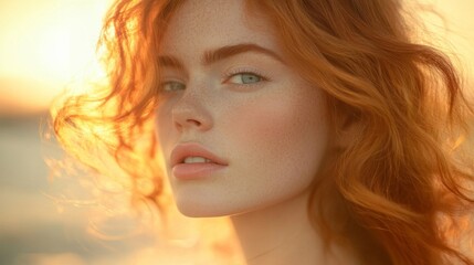 Naklejka premium Redhead Woman Golden Sunset Light Freckles Beauty