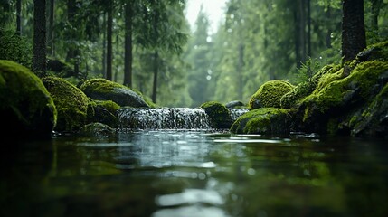 Obraz premium Tranquil forest stream flowing over moss-covered rocks.