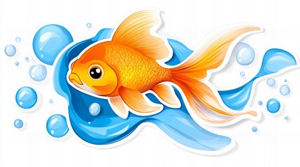 Adorable orange goldfish playfully swimming amidst blue water bubbles.  A vibrant underwater scene!