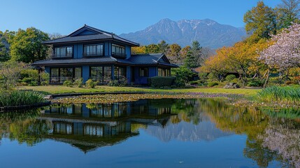 Obraz premium Serene Japanese House by the Lake with Mountain View