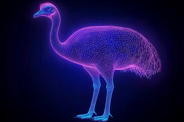 Obraz premium Glowing wireframe of an ostrich standing in the savannah on a transparent background, highlighted by a combination of blue and black data points