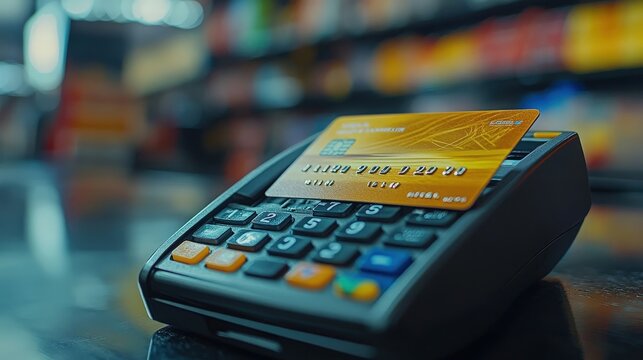 Close-Up of a Card Reader with a Credit Card on a Checkout Counter Showing Payment Process in a Retail Environment