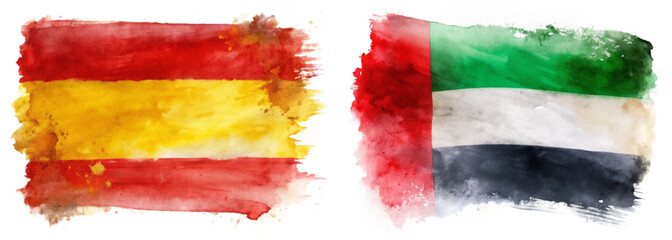 Watercolor flags, Spain and UAE, vibrant colors, artistic representation, cultural symbols, international relations, creative design.