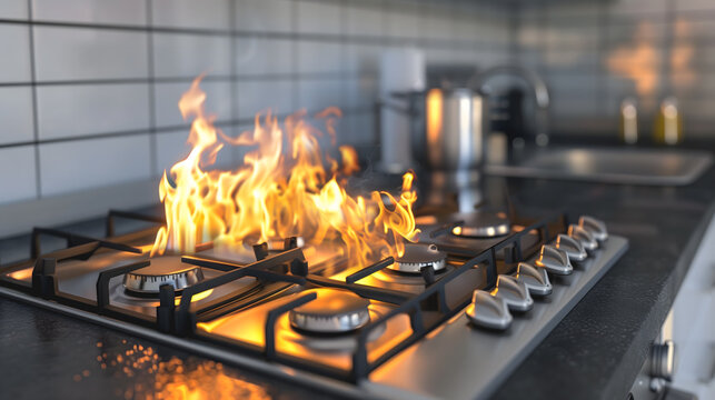 Des flammes sur une plaque de cuisson.