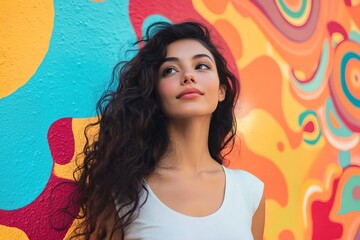 Fototapeta premium Slim young woman standing by a colorful mural, portrait, vibrant holiday moment, casual pose, bright urban setting, playful and joyful vibe, sunny afternoon, photographic style