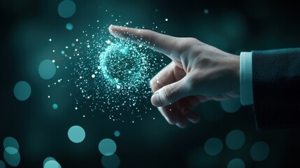 Businessperson using a touch screen interface to interact with a 3D model of the Earth, displaying real time data and analytics for global business operations.