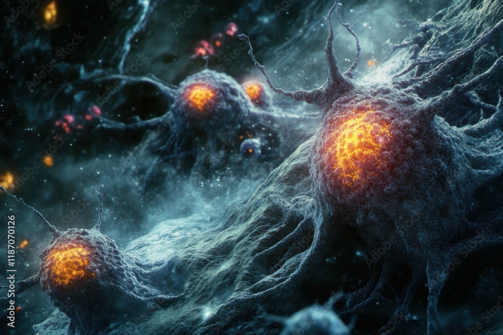 Leinwandbilder cancer cells illuminated with glowing edges reveal intricate structures and interactions in biologic