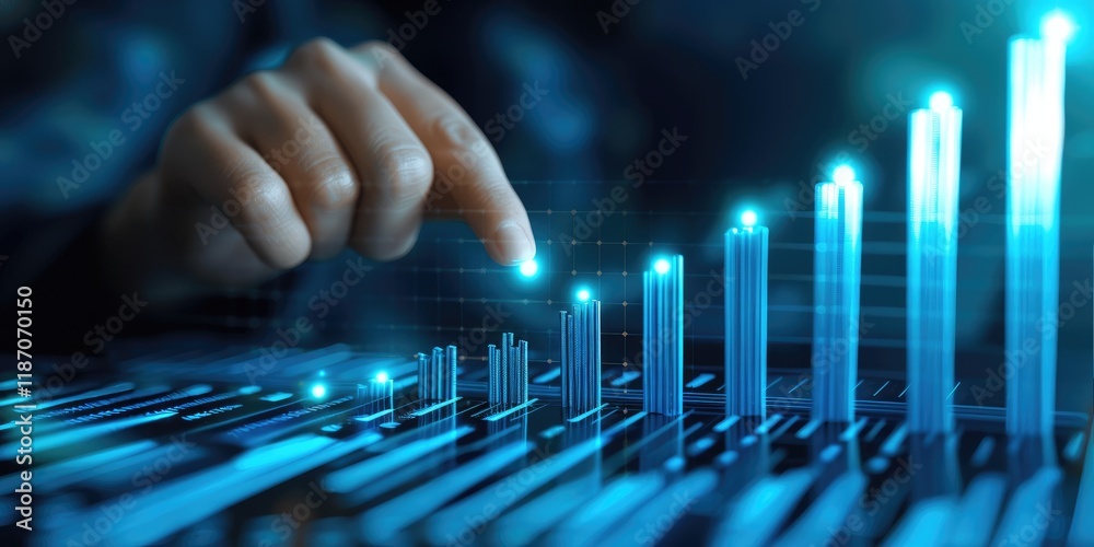 Poster futuristic data visualization with hand touching interactive graph and digital interface in blue ton