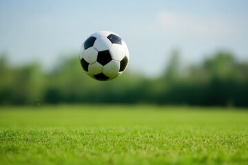 A soccer ball kicked up in mid-air with a grassy field background.