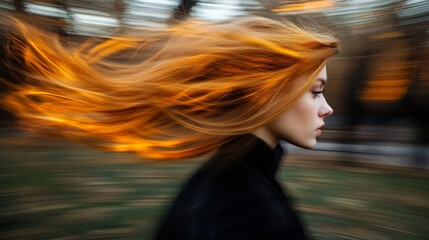 Woman with fiery red hair flowing in the wind