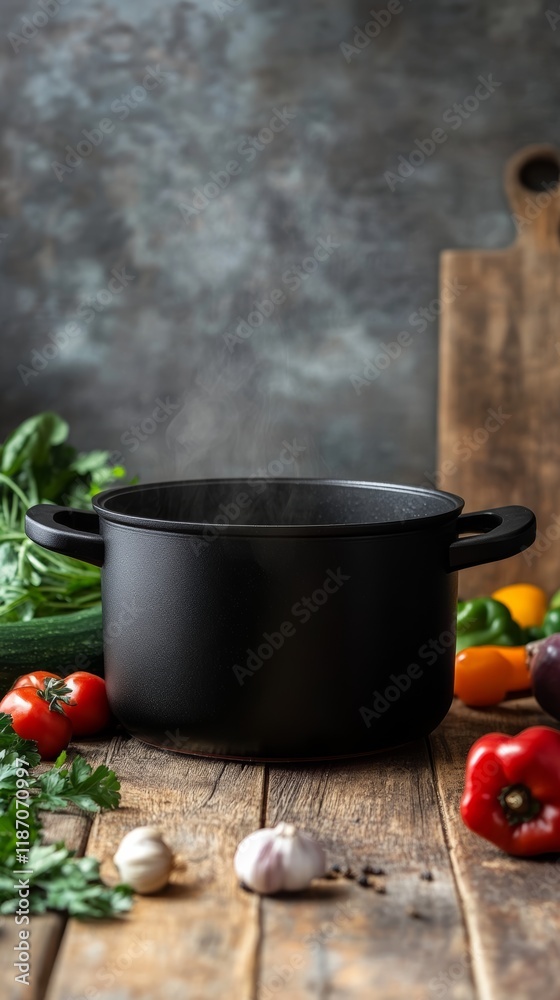 Aufkleber steaming black pot resting on a rustic wooden table, surrounded by an array of vibrant fresh vegetab