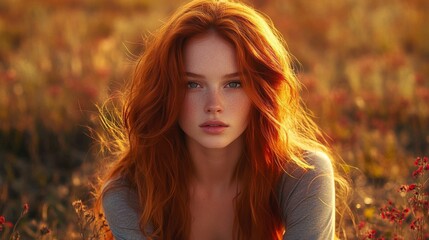 Fototapeta premium Redhead Woman Posing in Golden Field
