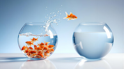 Two Glass Fishbowls on White Surface With Soft Blue Gradient Background | Round Fish Aquarium