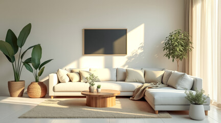 Naklejka premium bright living room with beige sectional sofa wooden coffee table