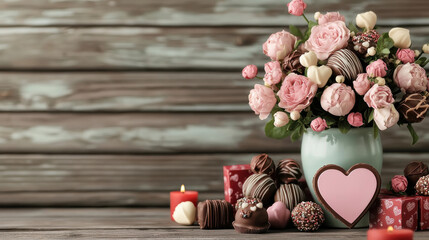 beautiful Valentine Day flower arrangement in vase, surrounded by chocolates and candles, creates romantic atmosphere perfect for celebrating love