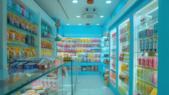 Contemporary candy store interior with turquoise neon lighting, glass shelving, and colorful product displays creating a modern retail experience.