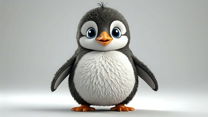 Adorable 3D rendered baby penguin, fluffy, cute,  big eyes,  standing against a light grey background. Perfect for children's books, websites, or greeting cards.