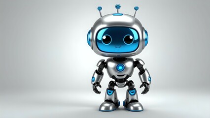 Adorable silver and blue robot, friendly cartoon character, futuristic technology, digital art.