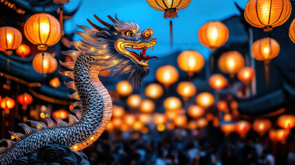 Fototapeta premium vibrant dragon dance under sky filled with glowing lanterns creates festive atmosphere. intricate details of dragon stand out against warm glow of lanterns
