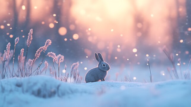 A close-up of a snowy rabbit hopping through a field, its small body blending with the snow as it searches for food in the winter landscape