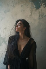 Fototapeta premium A captivating portrait of a woman with flowing hair in elegant black attire against a textured backdrop.