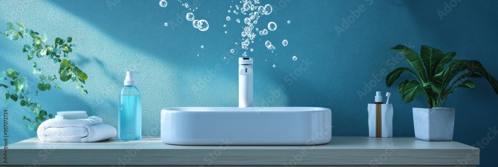Poster sanitizer droplets dispersing bacteria while enhancing cleanliness in a modern bathroom setting. gen