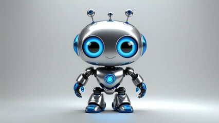 Adorable silver and blue robot, friendly AI, futuristic technology, cartoon character, digital art, 3D rendering, isolated on white background.
