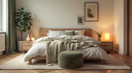 serene bedroom with wooden bed green ottoman