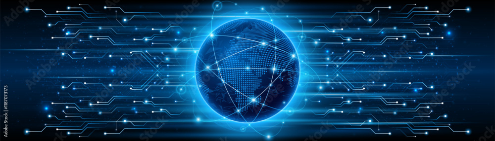 Fototapete Global connection network background. World map. High-speed internet technology concept or fast wireless data transmission. modern internet network connection technology background	