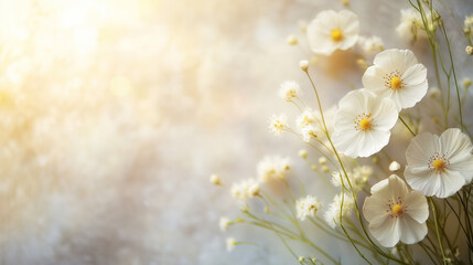 Flat lay empty copy space with soft white wildflowers in golden sunlight for elegant nature backgrounds and romantic design themes