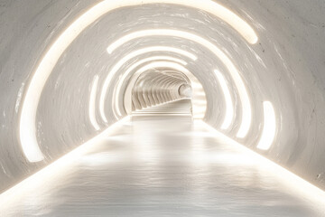 Illuminated concrete tunnel; futuristic, curving white pathway.