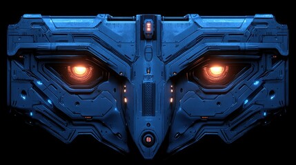 Futuristic blue metallic faceplate with glowing orange eyes.