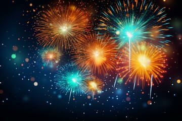 Bright and colorful fireworks illuminating the night sky, creating a festive atmosphere