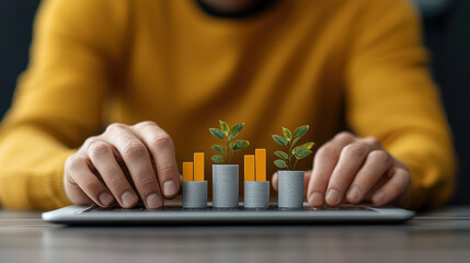 digital marketing professional analyzes growth data with bar graphs and plants, symbolizing progress and sustainability. focus is on innovation and strategy