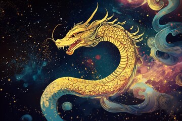 Colorful dragon in night sky