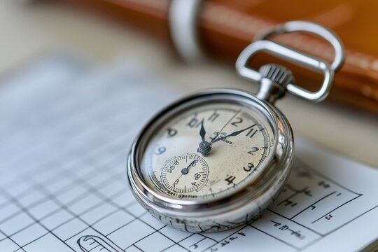 A sports stopwatch resting on a coaches playbook.
