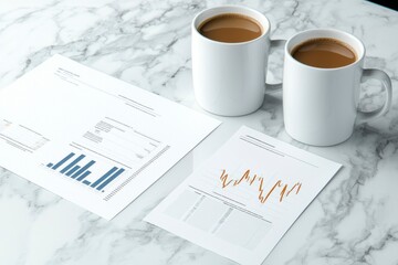Coffee Cups and Documents on Marble Table with Business Graphs and Reports