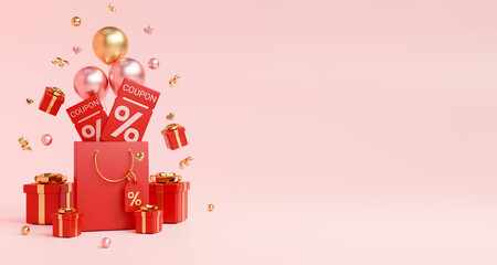 Percentage icon  on coupon tag in shopping bag with gift box, heart, balloon on pink background, copy space, showcase product, love, valentine's day, promotion and discount concept. 3d render	
