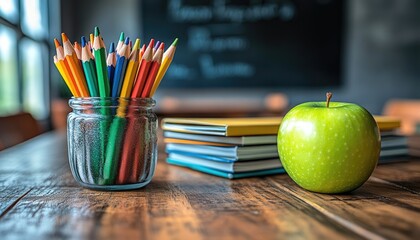 Naklejka premium Colored pencils in a jar, green apple, and books on a wooden desk. Perfect for back-to-school, education, or learning themes.