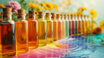 vibrant row of essential oil bottles with colorful reflections for aromatherapy and wellness branding