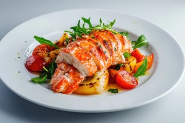 Grilled lobster tail served with roasted vegetables and arugula.
