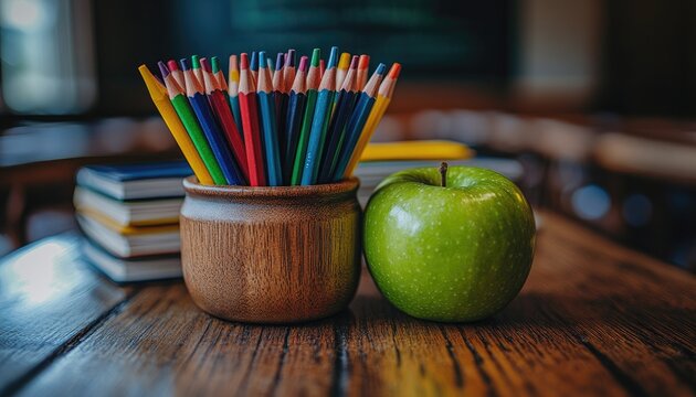 Colored pencils in wooden pot, green apple beside. Back to school concept; healthy eating and learning. - Powered by Adobe