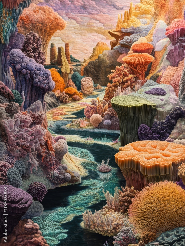 Fototapete exploration of vibrant bacteria forms creating an intricate landscape in a fantastical setting. gene