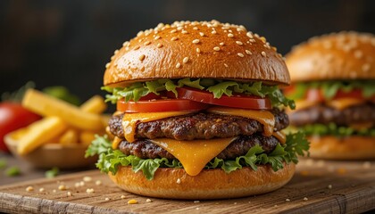 Freshly prepared cheeseburger sliders on a baking sheet, featuring sesame seed buns, melted cheese, lettuce, tomatoes, and various toppings. A perfect party appetizer or snack.