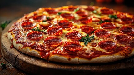Delicious pepperoni pizza on wood. Perfect for menus, blogs, or food websites.