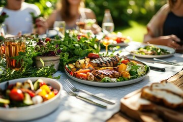 Grilled chicken and vegetables served outdoors at a summer garden party with friends.