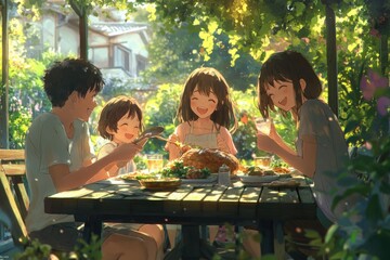 Happy family enjoys a delicious roasted chicken dinner together outdoors on a sunny day.