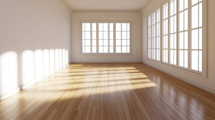 A 3D-rendered room with Scandinavian-inspired wooden floors and a clean white wall exudes modern, minimalist charm.